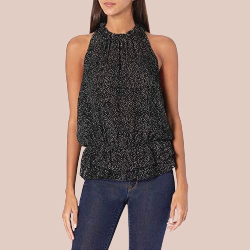Ramy Brook Bobbi Sleeveless Ruffled Burnout Top Black Polka Dot Feminine SP